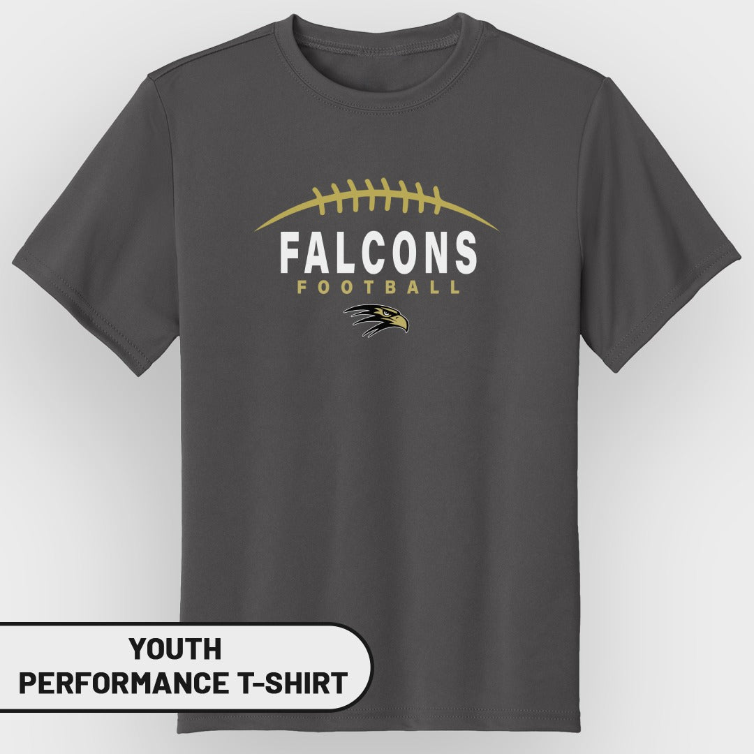 Youth performance t-shirt with white "Falcons Football" and eagle logo.
