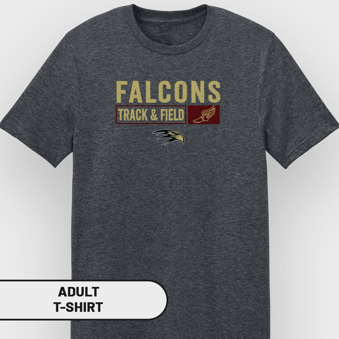 Adult t-shirt with "FALCONS TRACK & FIELD" text and a falcon logo.