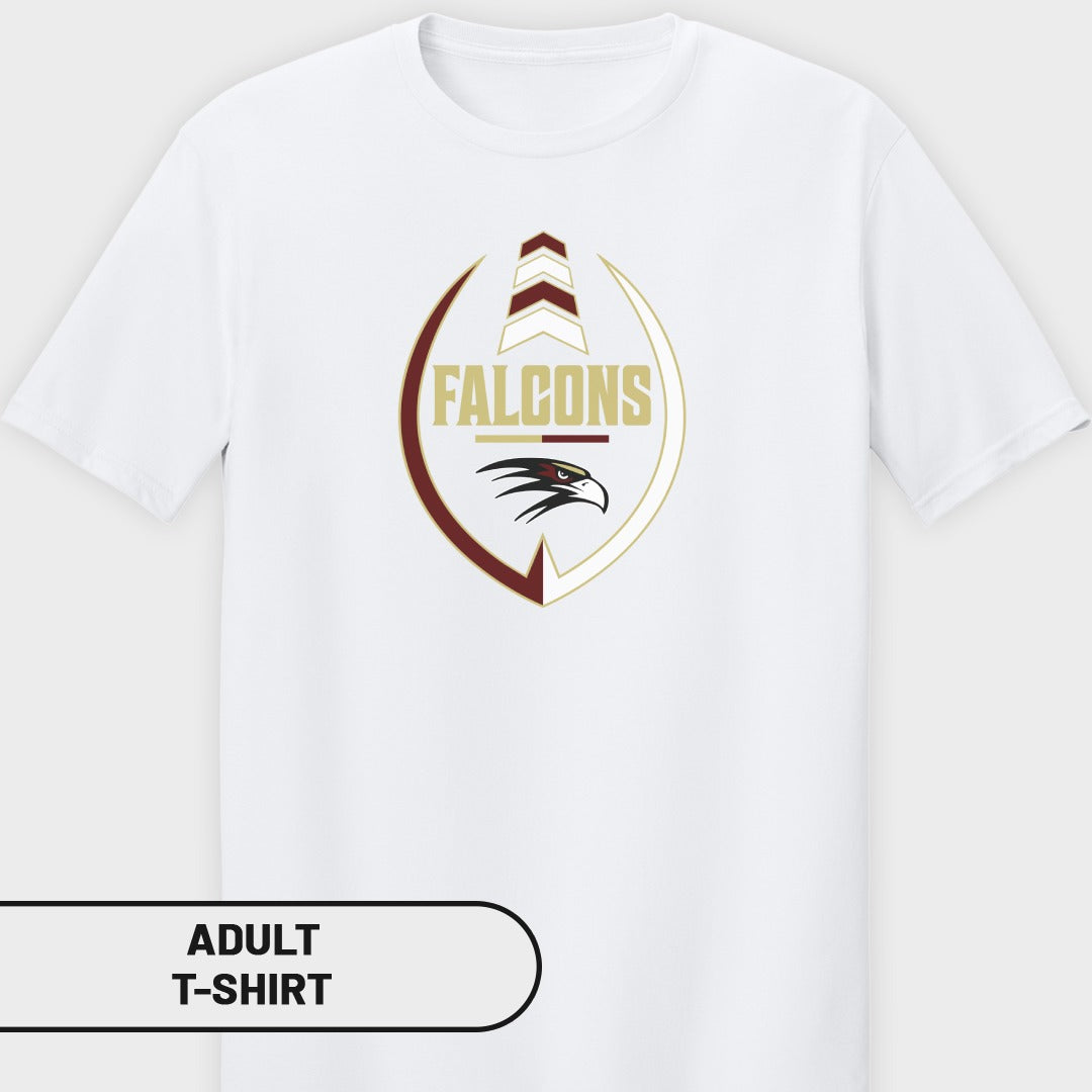 White adult t-shirt with a graphic of a shield with the word "FALCONS" and a falcon head.
