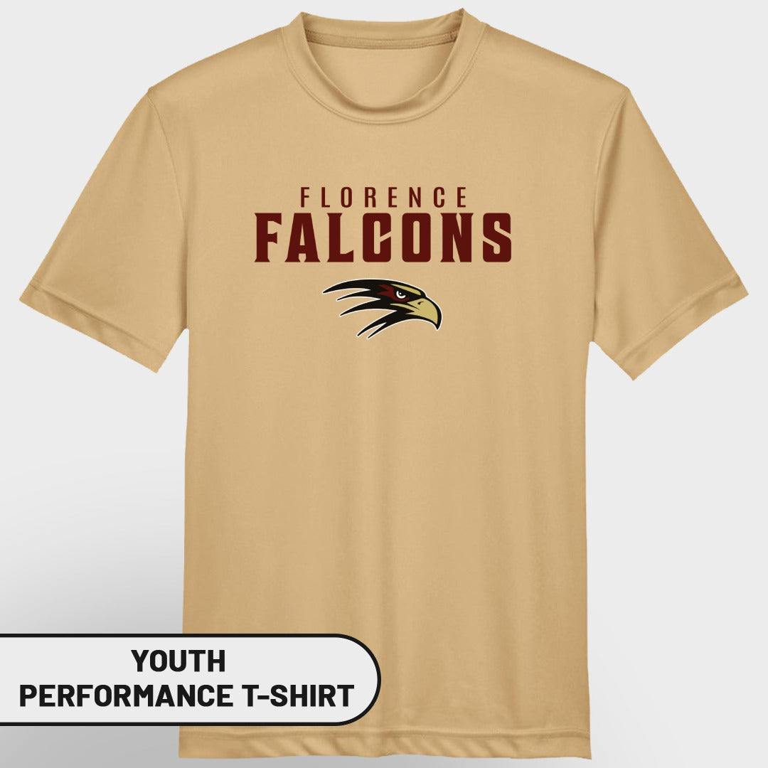 Youth performance t-shirt with "Florence Falcons" text and eagle logo.