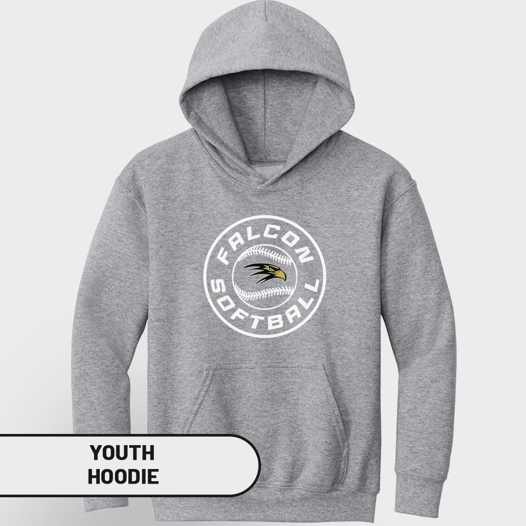 Grey youth hoodie with a white circular Falcon Softball logo on the chest.