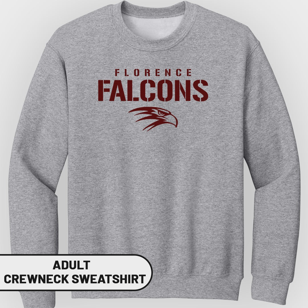 Grey adult crewneck sweatshirt with "Florence Falcons" and eagle logo.