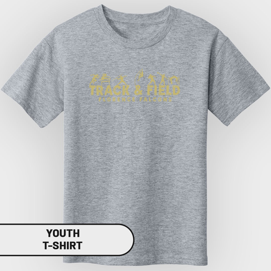 Youth grey t-shirt with gold "Track & Field" and "Florence Falcons" text.