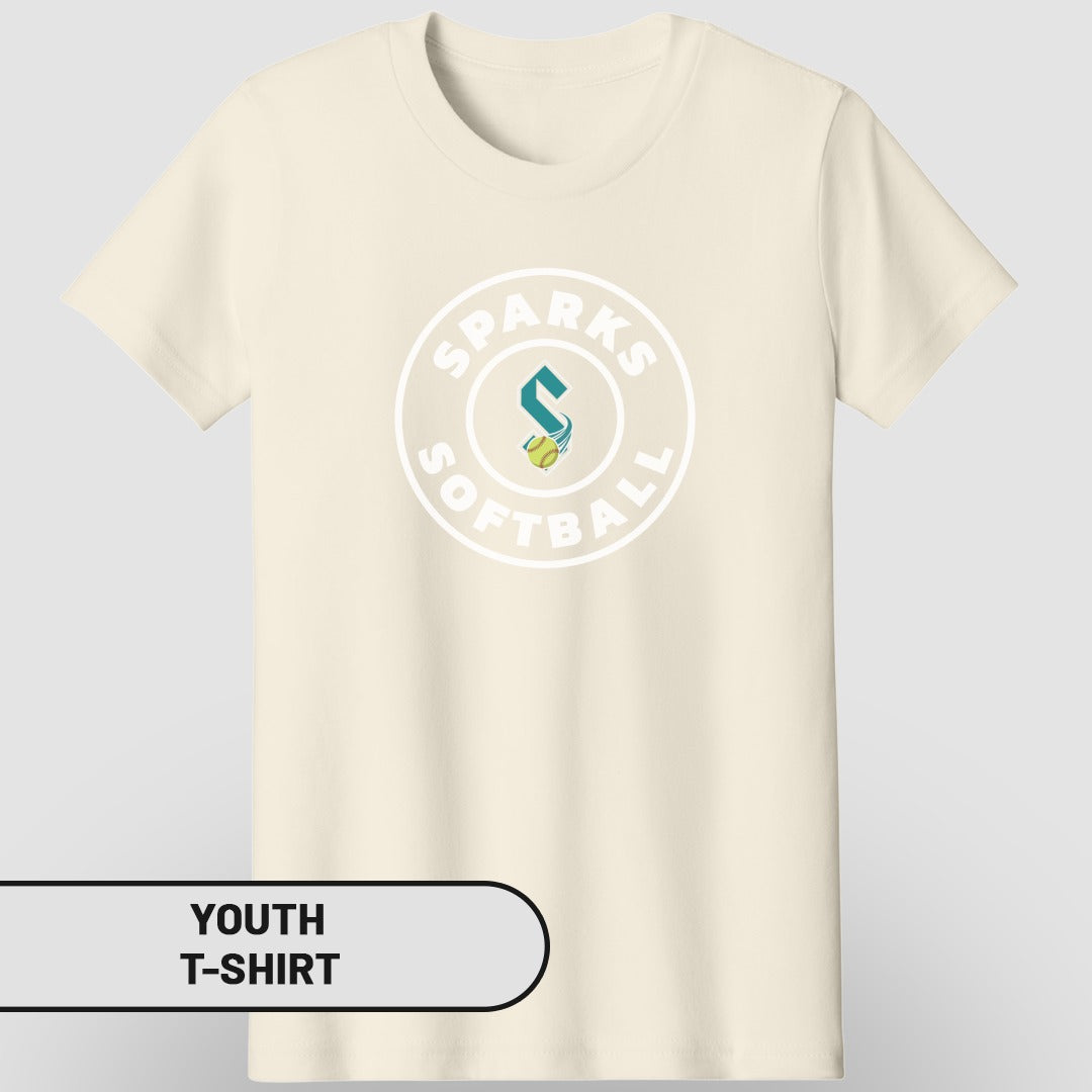 Cream youth t-shirt with "Sparks Softball" logo.