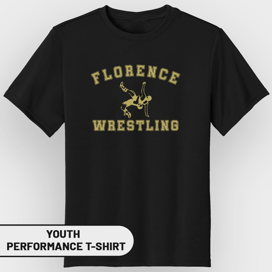Black youth performance t-shirt with "Florence Wrestling" text and wrestler graphic.