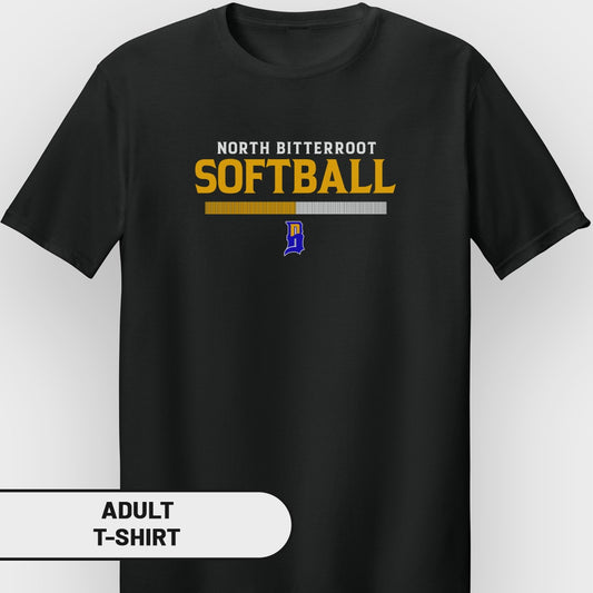 Black adult t-shirt with "North Bitterroot Softball" and a yellow "B" logo.