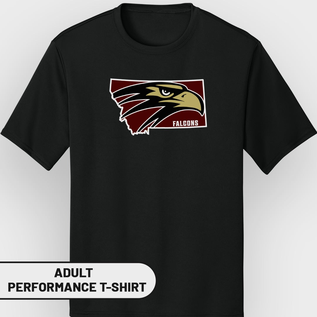 Black adult performance t-shirt with Montana outline and "FALCONS" eagle logo.