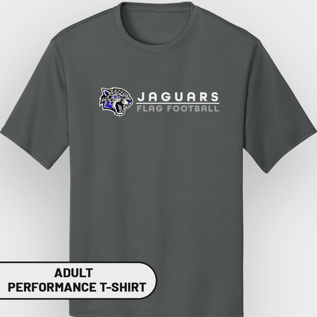 Gray adult performance t-shirt with Jaguars flag football logo and text.
