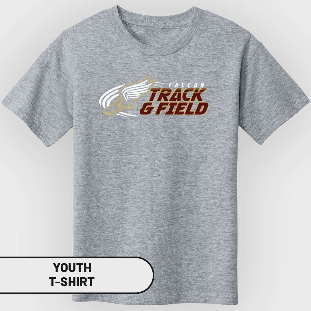 Grey youth t-shirt with "Falcon Track & Field" graphic and winged element.