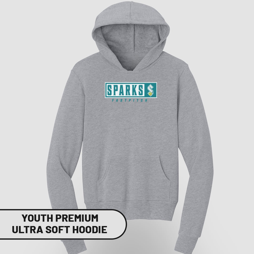 Youth premium ultra soft hoodie with Sparks Fastpitch logo.