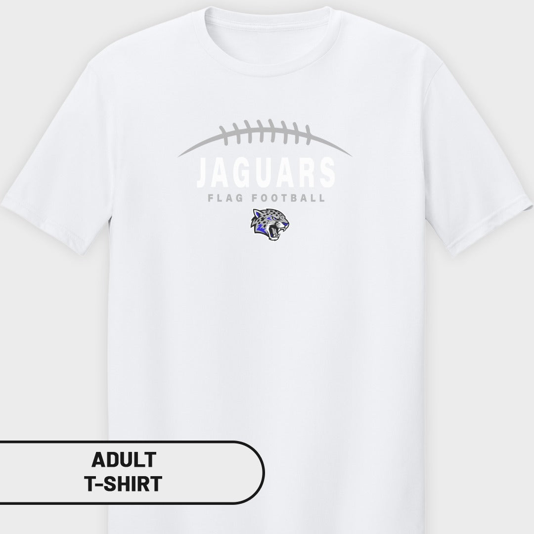 White adult t-shirt with "JAGUARS FLAG FOOTBALL" and jaguar logo.