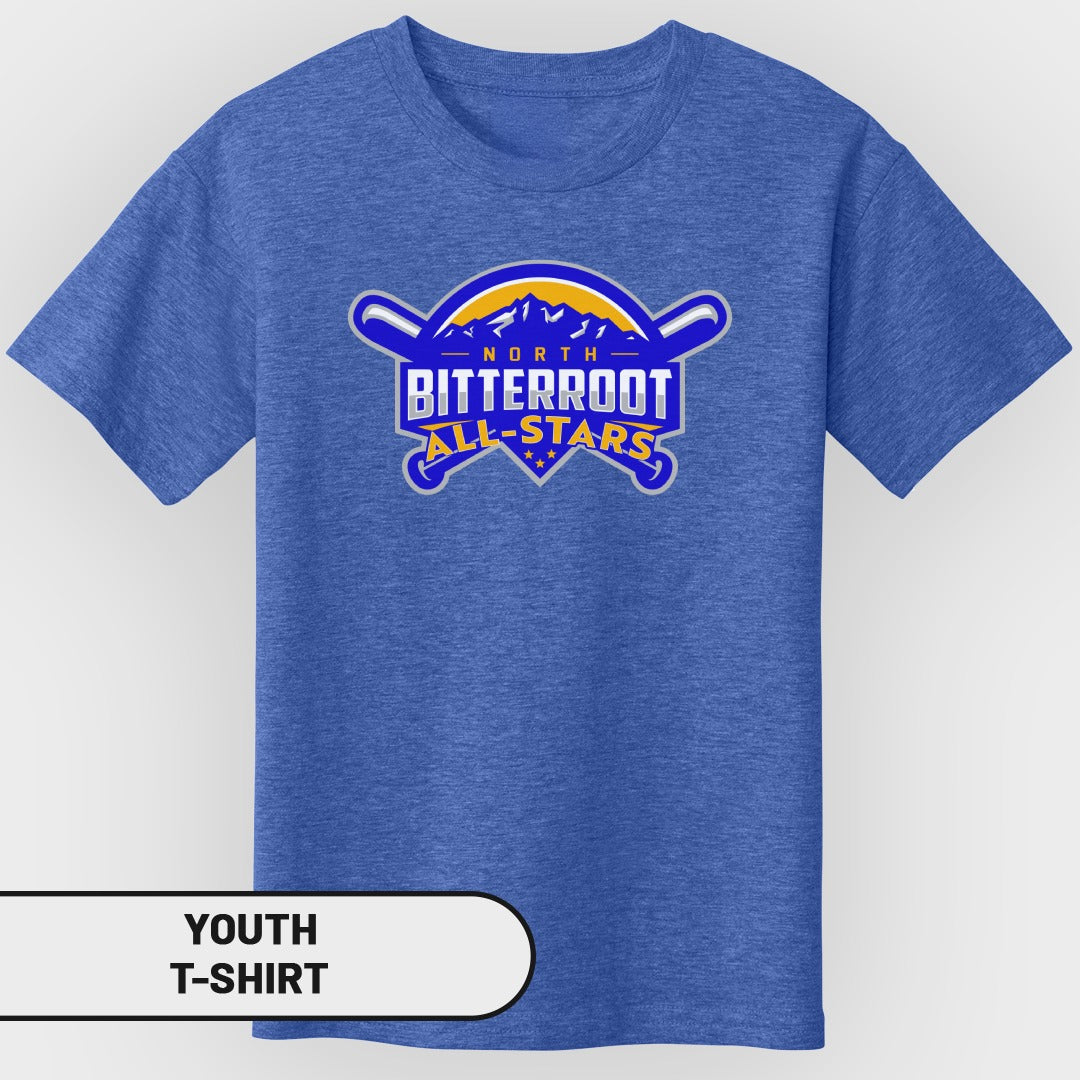 Blue youth t-shirt with the North Bitterroot All-Stars logo.