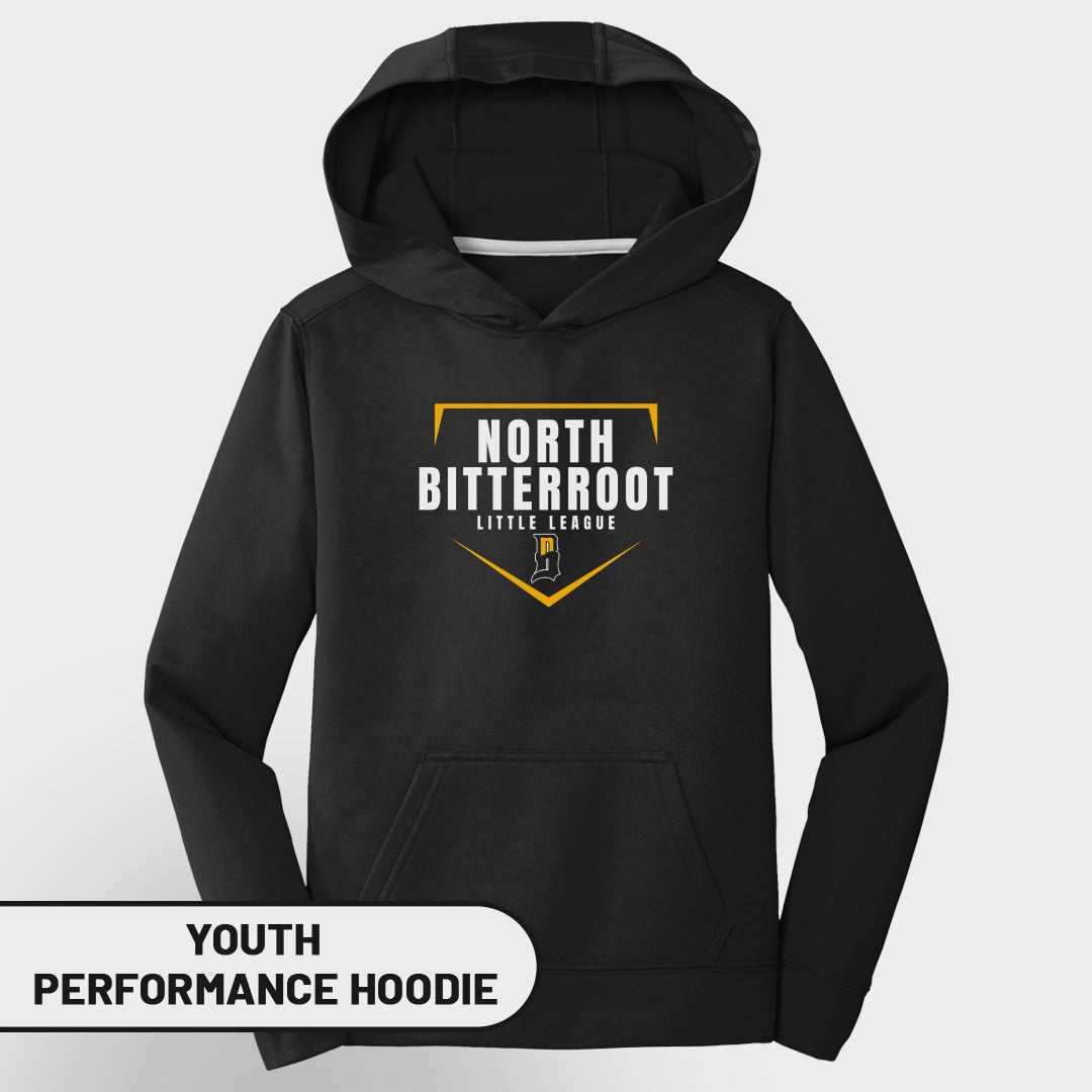Youth North Bitterroot Little League performance hoodie with logo.