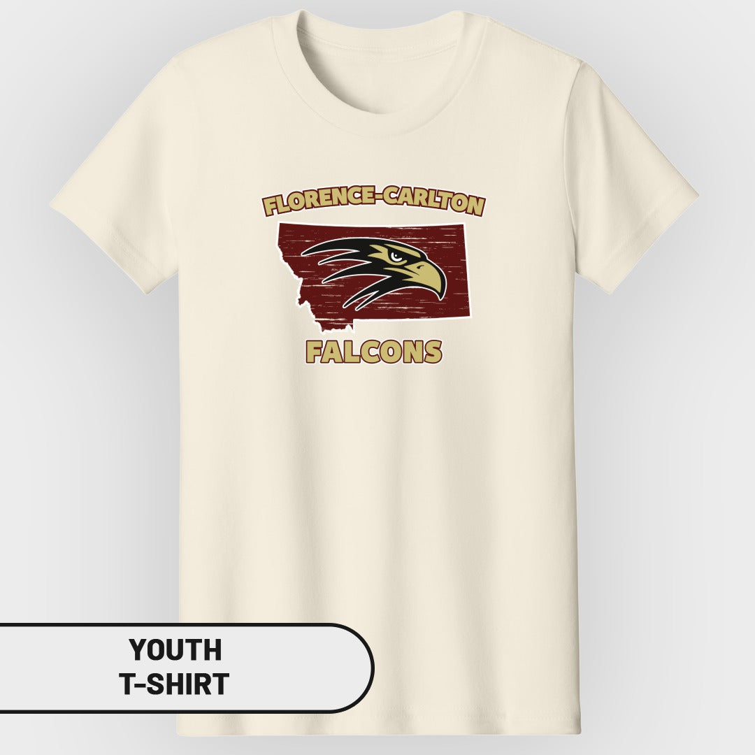 Cream youth t-shirt with Florence-Carlton Falcons logo on Montana map outline.