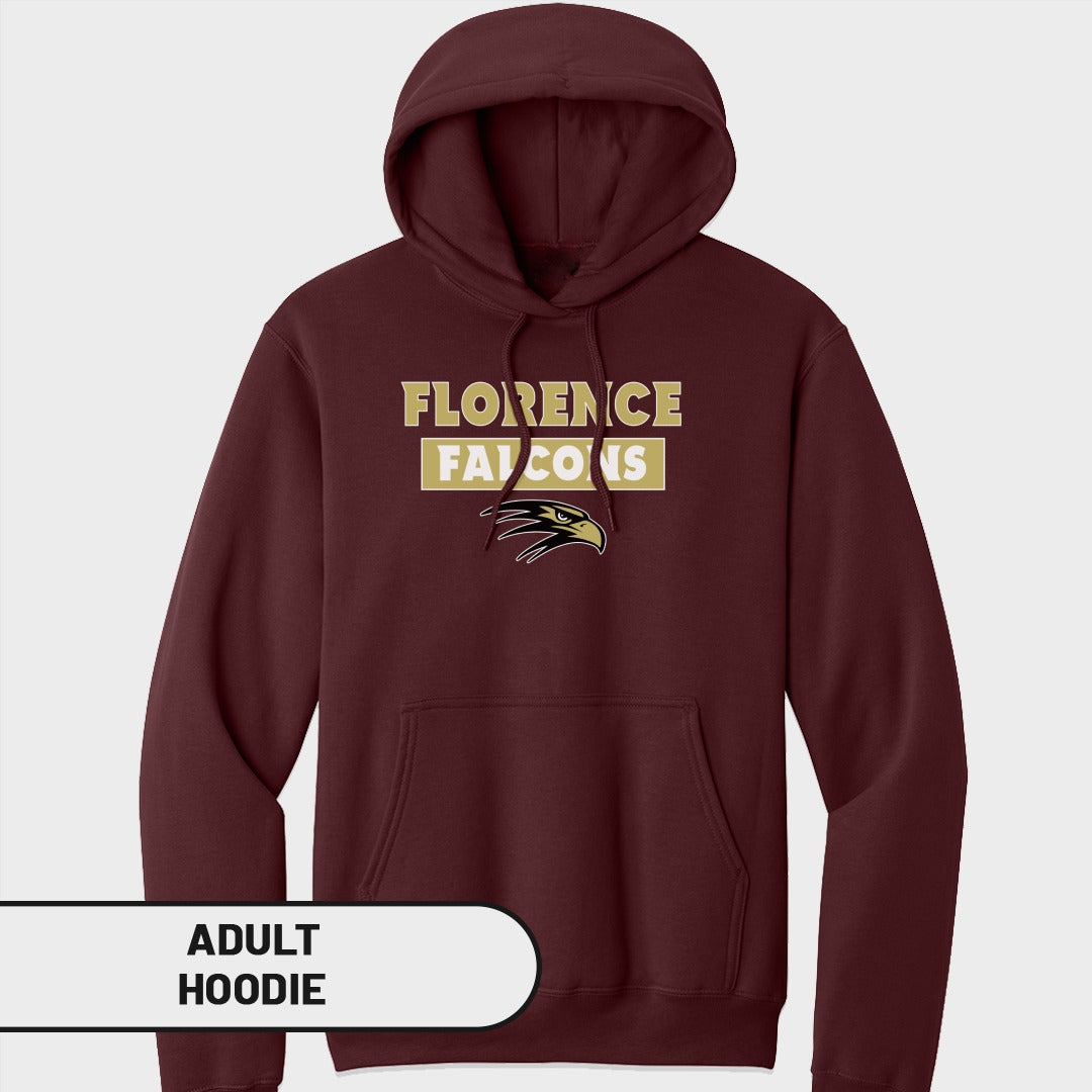 Maroon adult hoodie with "FLORENCE FALCONS" text and falcon logo.