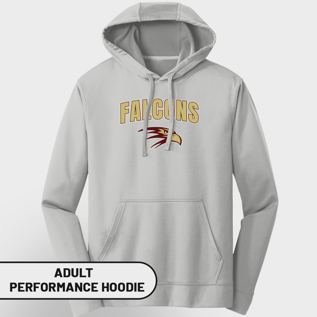 Light grey adult performance hoodie with "FALCONS" text and eagle logo.
