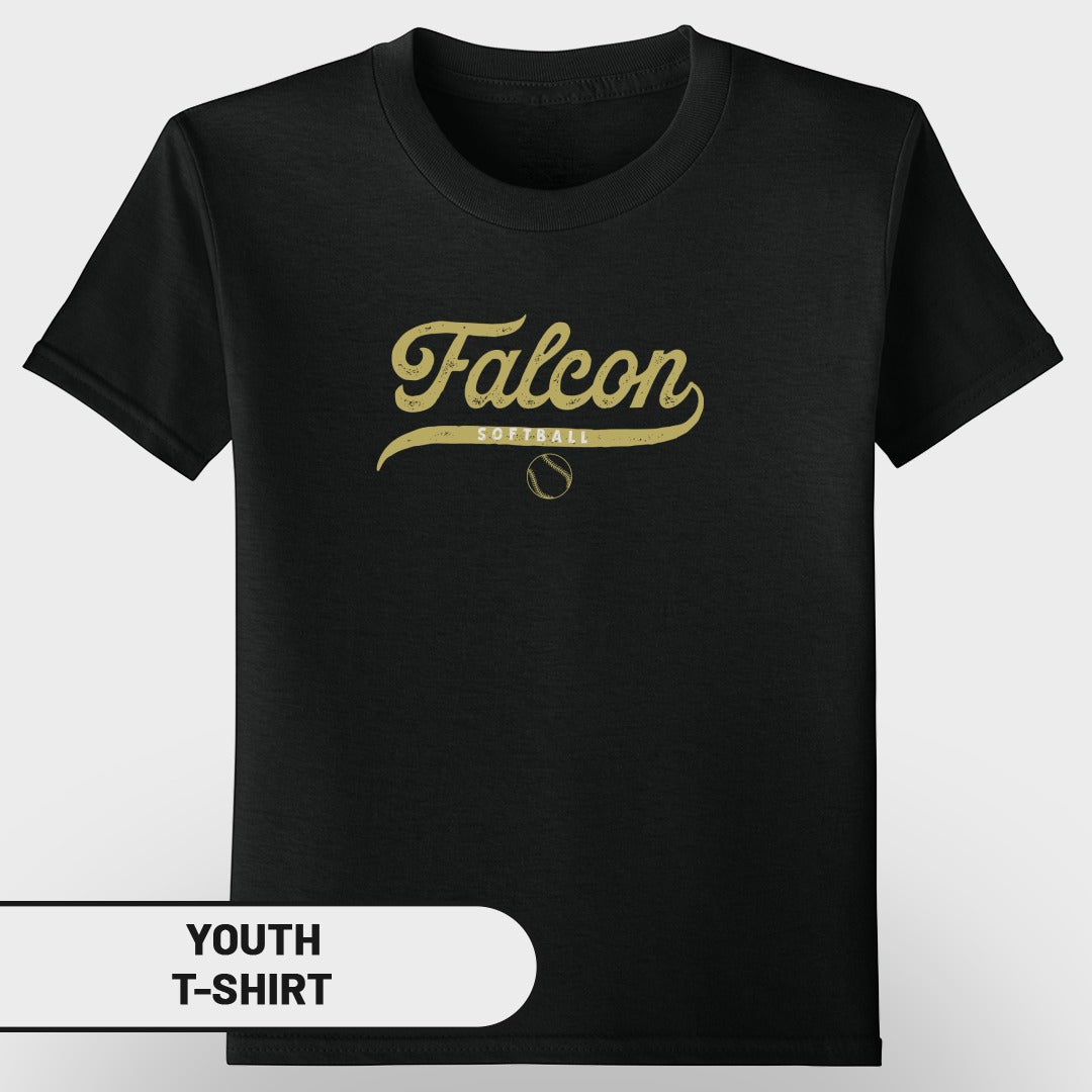 Black youth t-shirt with "Falcon Softball" text and a softball graphic.