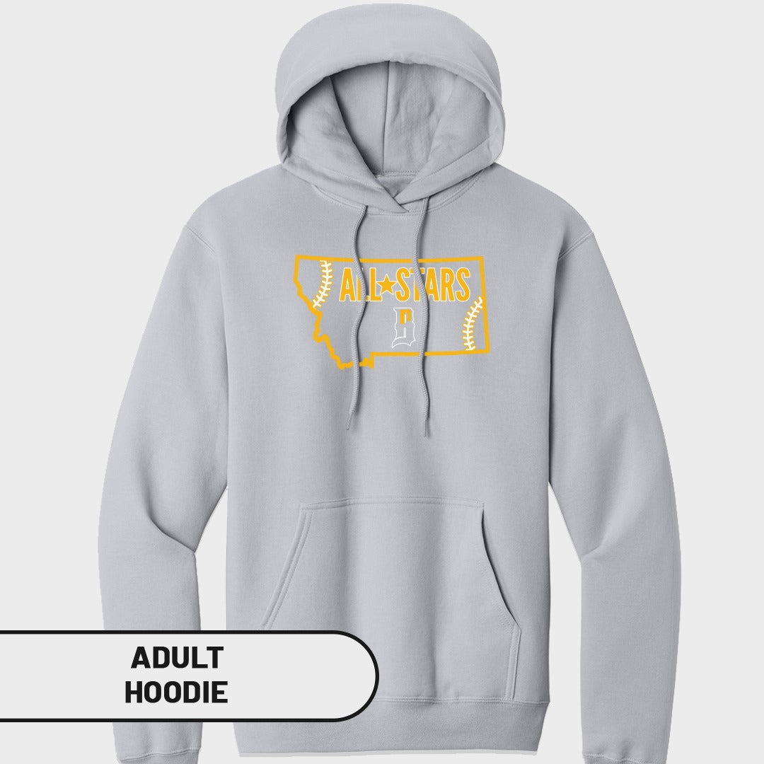 Grey adult hoodie with yellow "All Stars" text and a baseball outline of Montana.