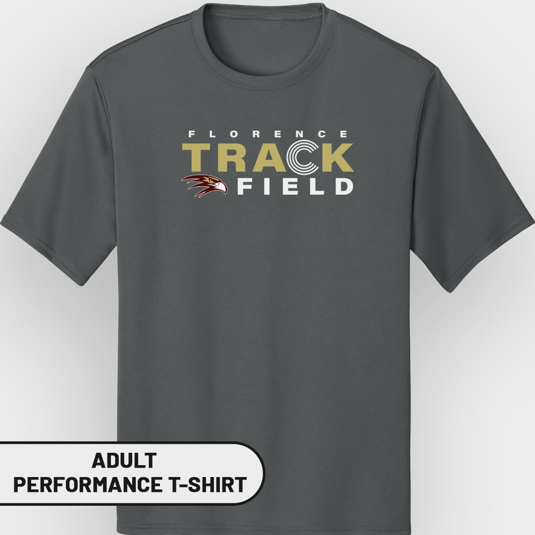 Dark grey adult performance t-shirt with "Florence Track Field" and hawk logo.
