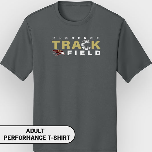 Dark grey adult performance t-shirt with "Florence Track Field" and hawk logo.