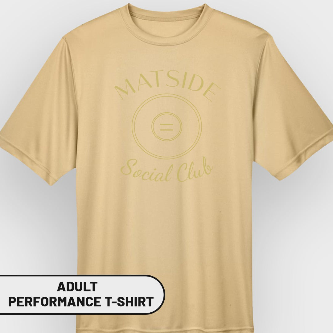 Light brown adult performance t-shirt with "MATSIDE Social Club" graphic.