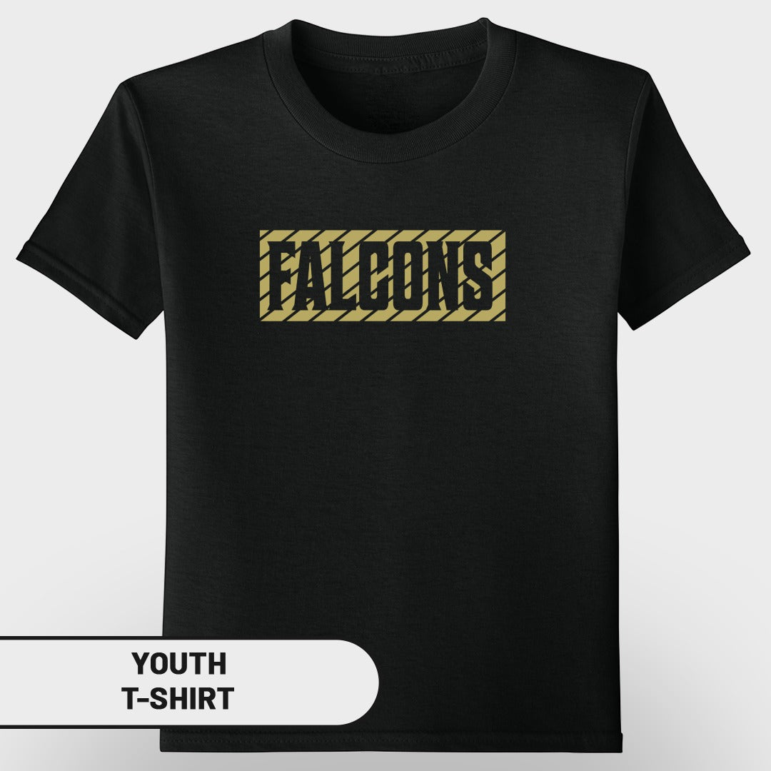 Black youth t-shirt with yellow and black "FALCONS" text in a rectangular box.