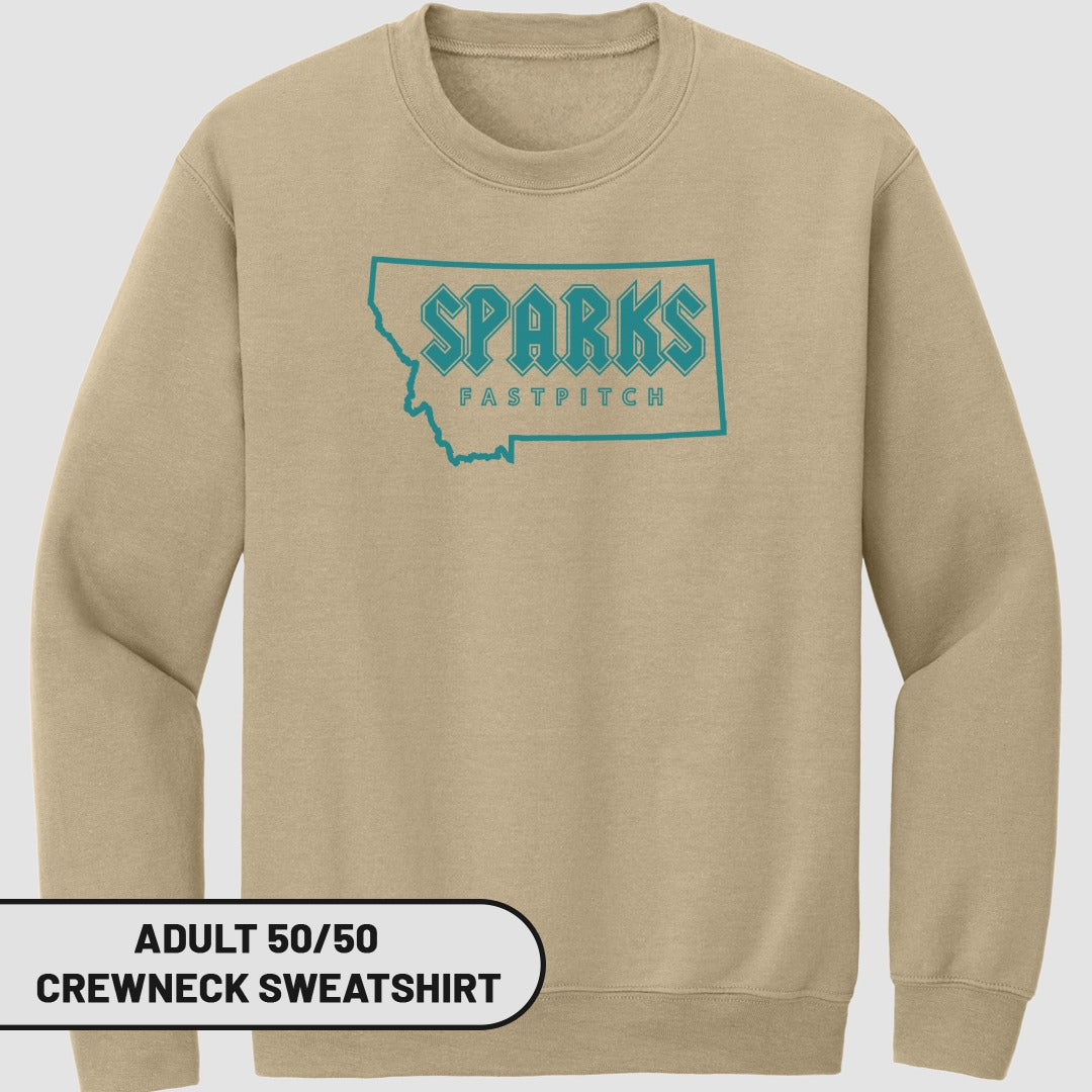 Tan sweatshirt with "Sparks Fastpitch" Montana graphic.