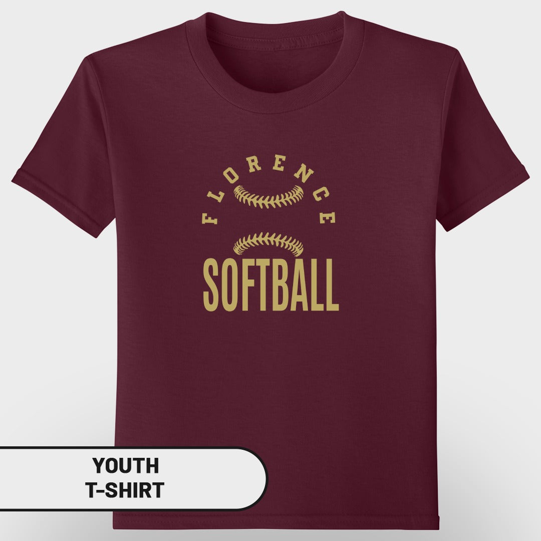 Maroon youth t-shirt with "Florence Softball" and baseball graphic.