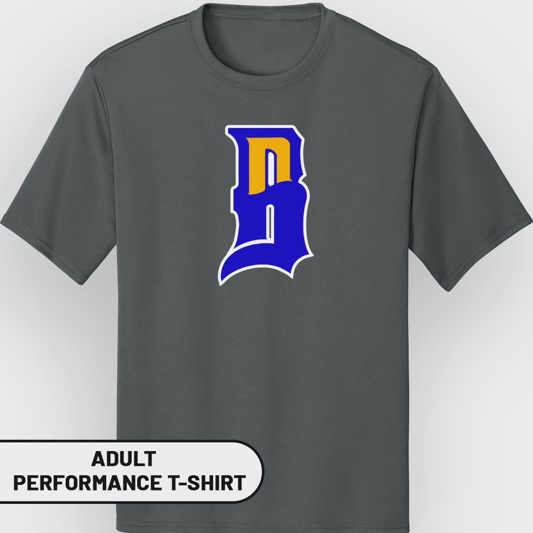 Dark gray adult performance t-shirt with blue and yellow "B" logo.