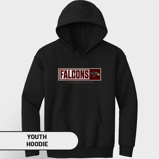 Black youth hoodie with Falcons Florence-Carlton logo and eagle graphic.