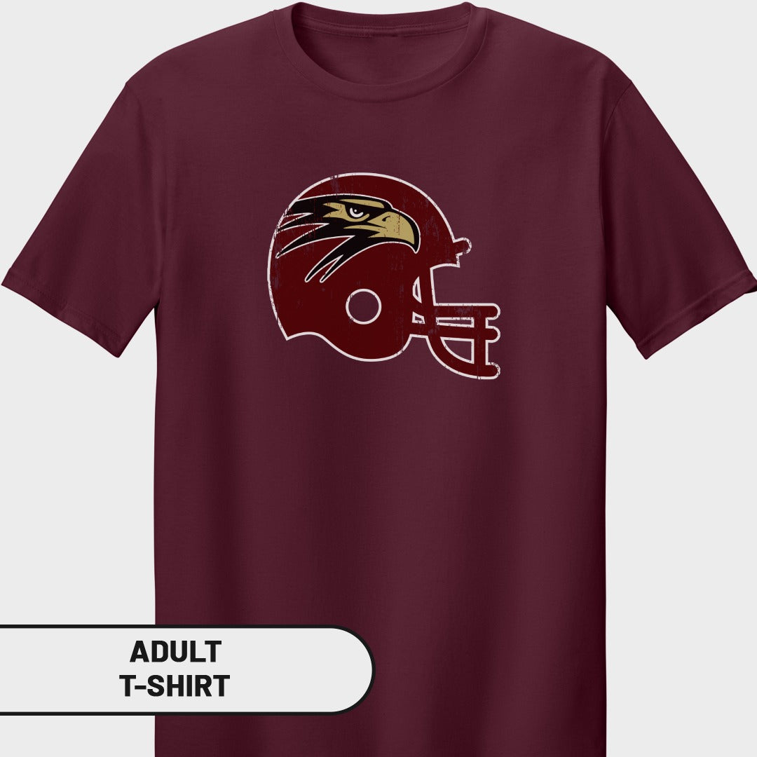 Maroon adult t-shirt with distressed football helmet and eagle logo.
