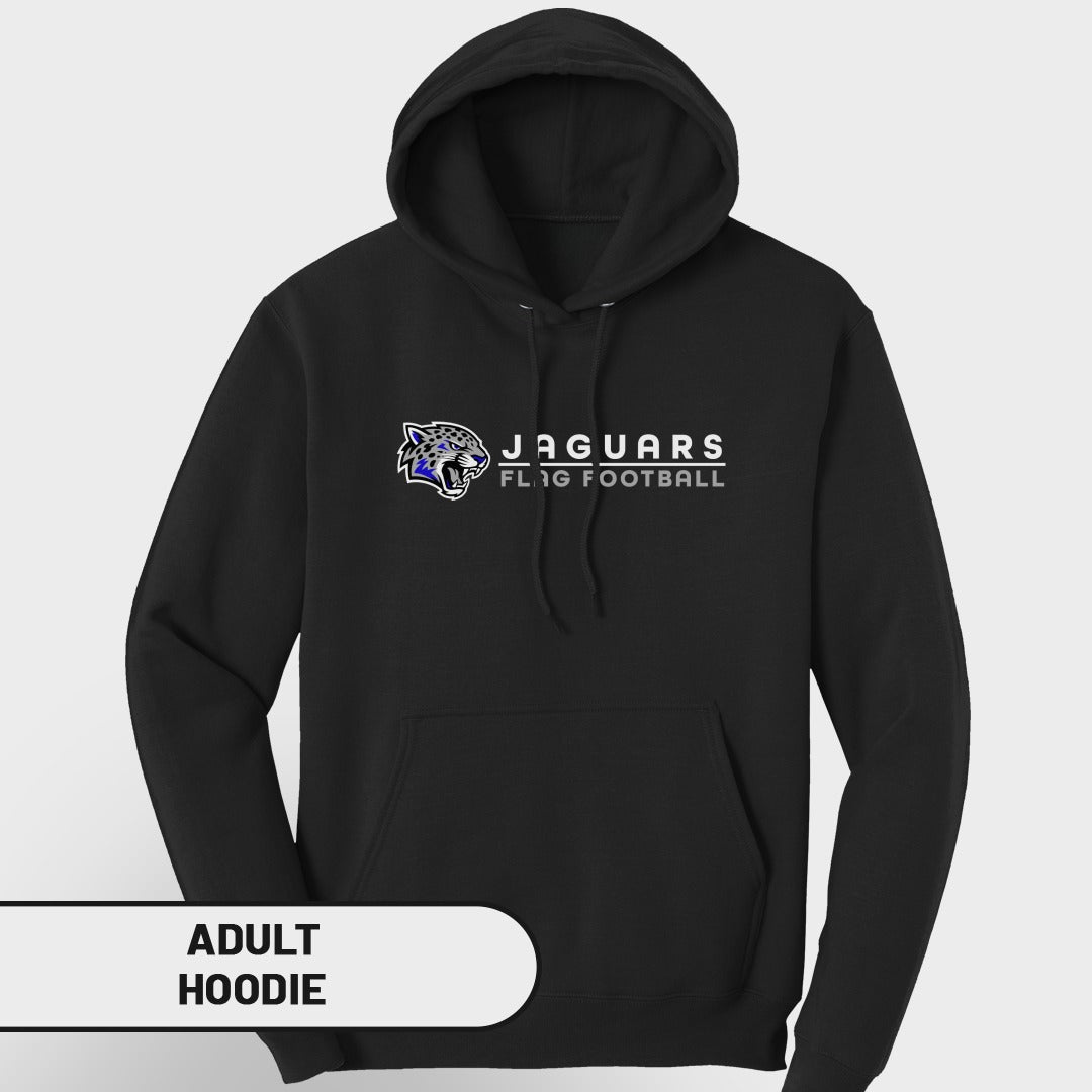 Black adult hoodie with Jaguars flag football logo on the chest.