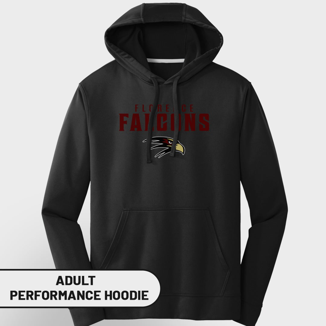 Black adult performance hoodie with Florence Falcons logo and text.