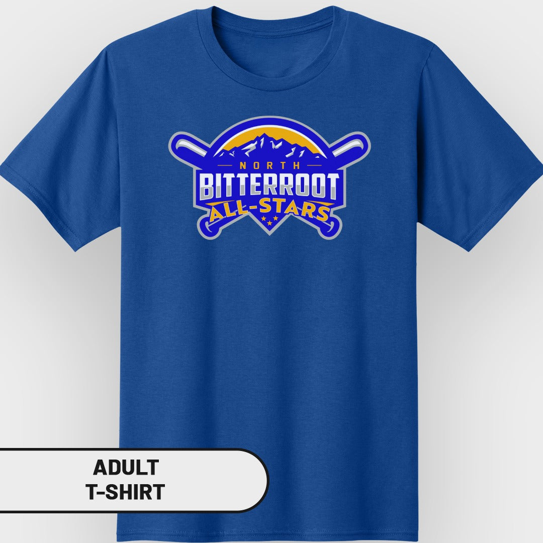 Blue t-shirt with "North Bitterroot All-Stars" baseball team logo.