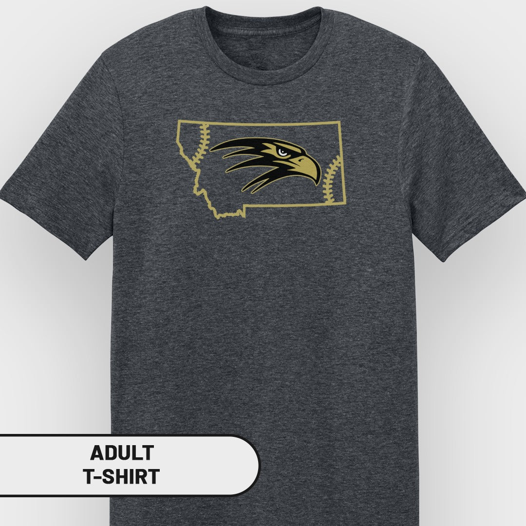 Dark gray t-shirt with Montana outline, eagle head, and baseball stitching graphic.
