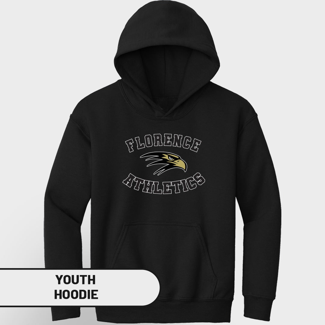 Black youth hoodie with "Florence Athletics" and eagle logo.