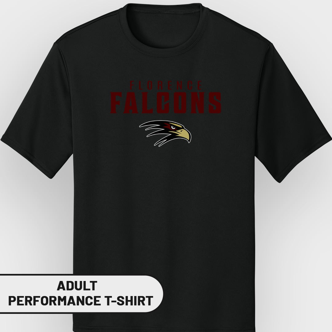 Black adult performance t-shirt with Florence Falcons text and falcon logo.