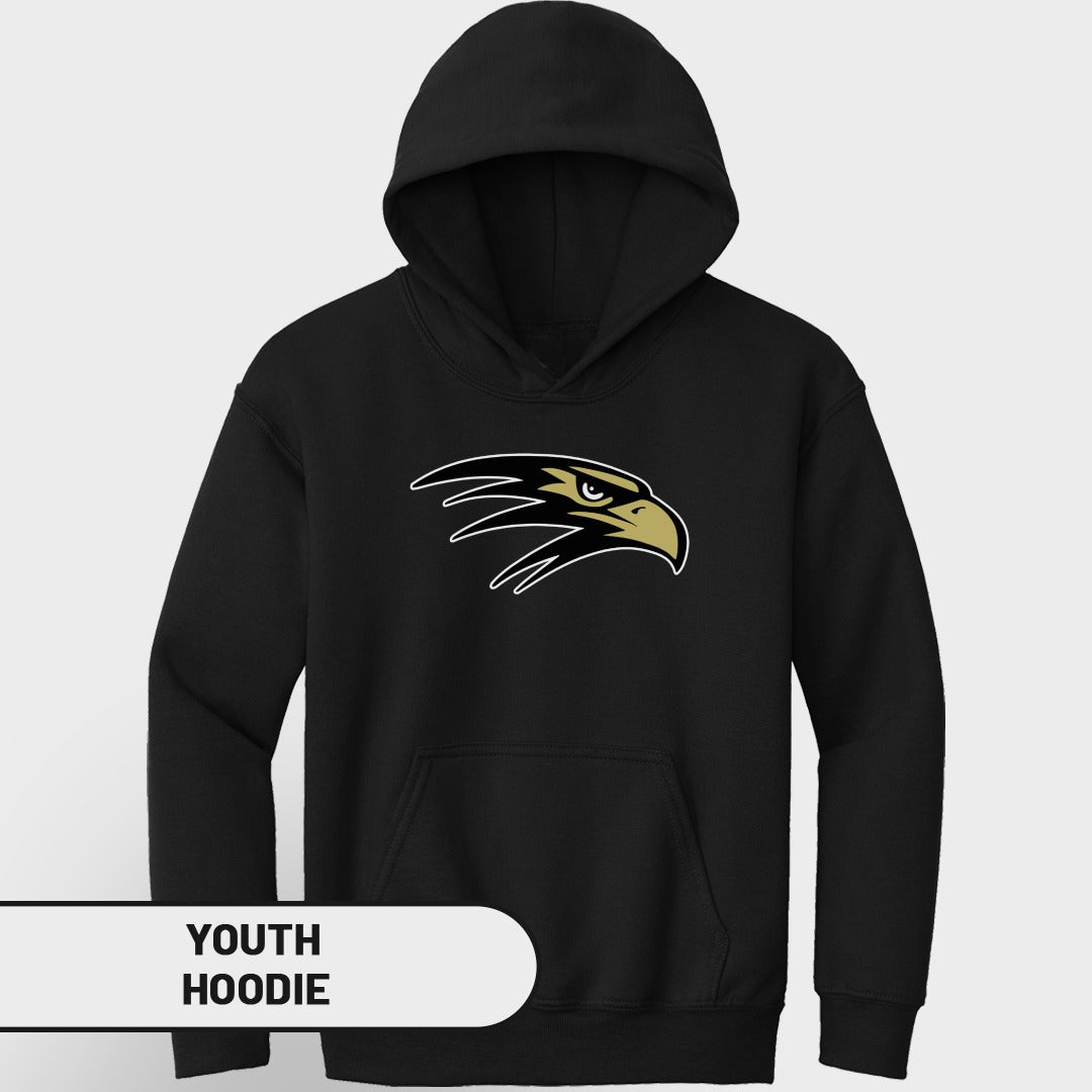 Black youth hoodie with a gold and black eagle head logo and "Youth Hoodie" text.