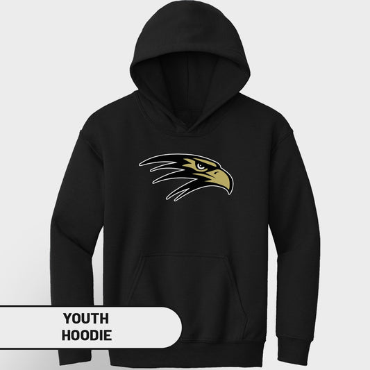 Black youth hoodie with a gold and black eagle head logo and "Youth Hoodie" text.