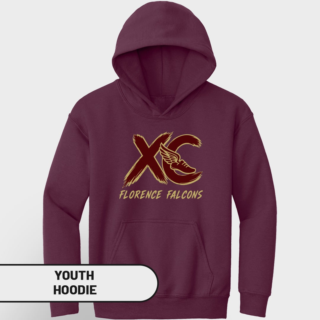 Maroon youth hoodie with gold "XC Florence Falcons" logo featuring a winged shoe.