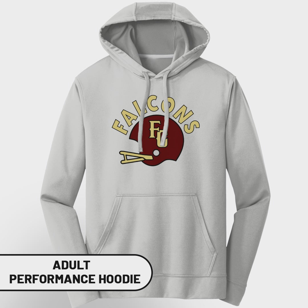 Gray adult performance hoodie with "Falcons" text and maroon helmet logo.
