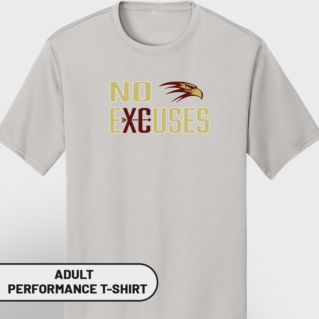 Light gray adult performance t-shirt with "NO EXCUSES" text and eagle graphic.