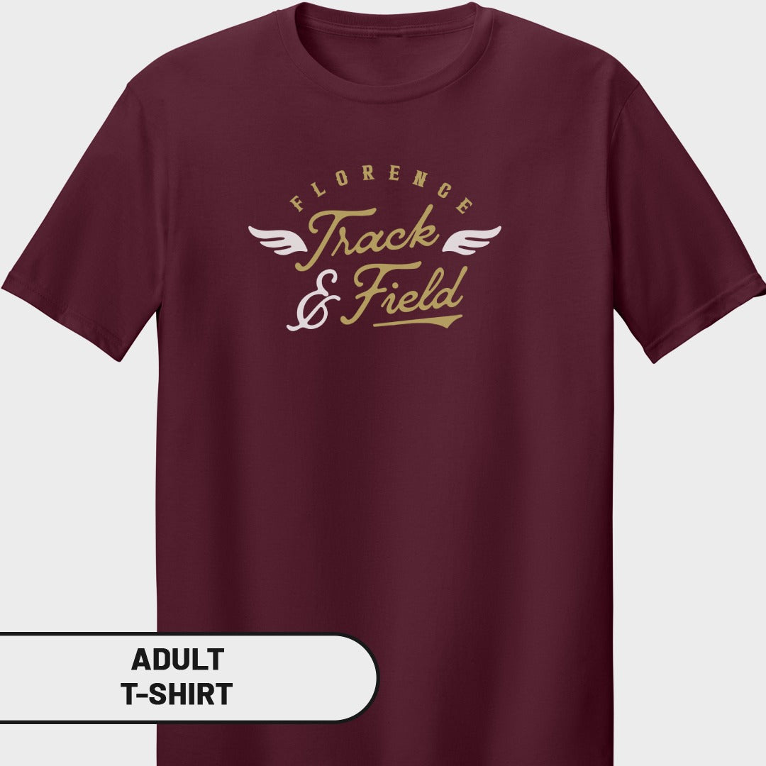 Maroon adult t-shirt with "Florence Track & Field" text and wing graphics.