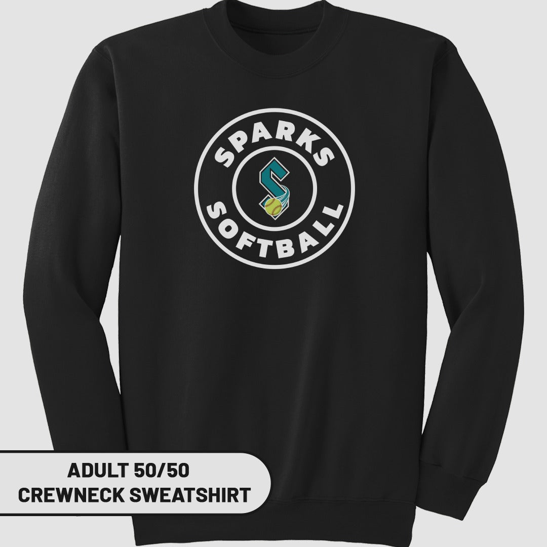 Black crewneck sweatshirt with a circular "Sparks Softball" logo.