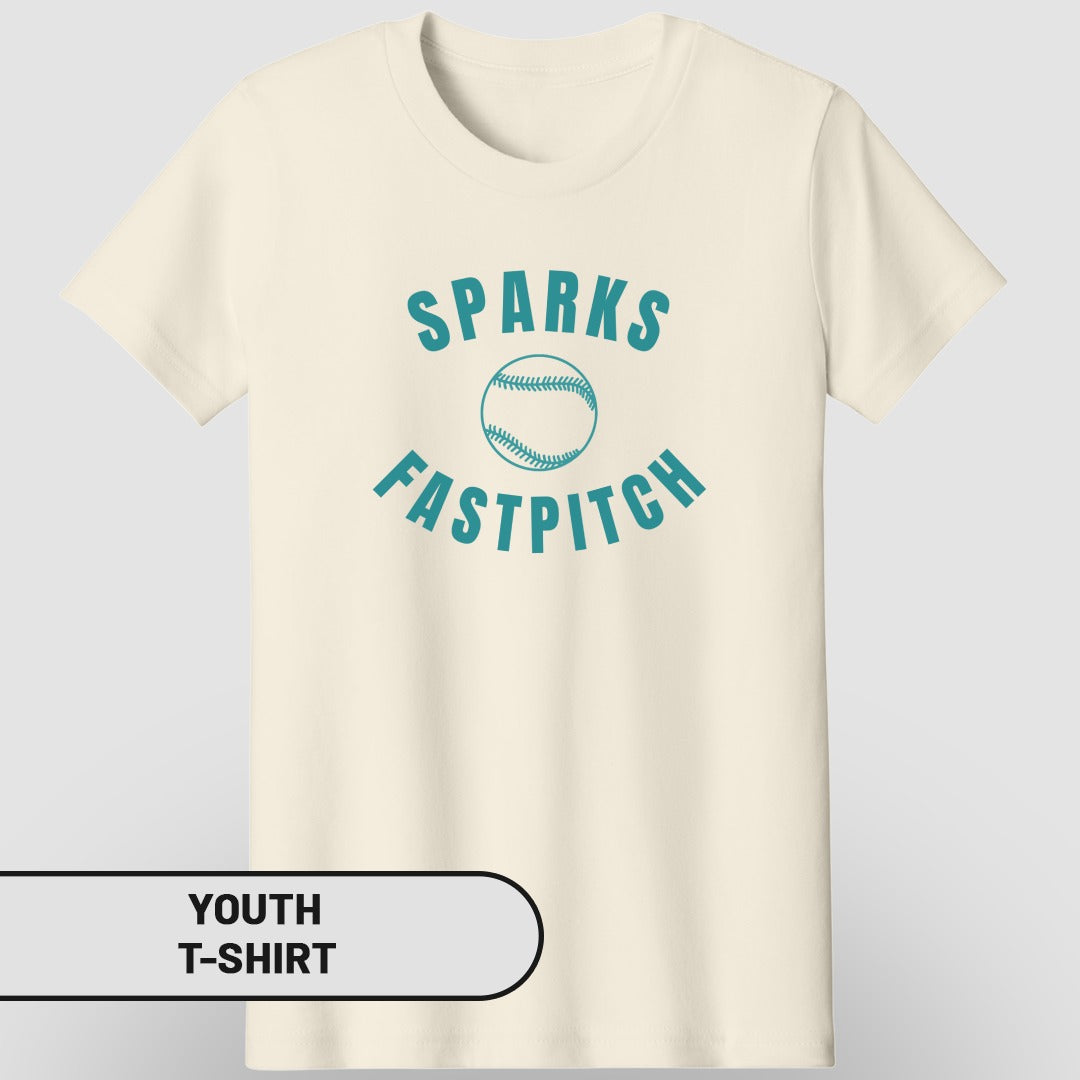 Cream youth t-shirt with "Sparks Fastpitch" text in teal.