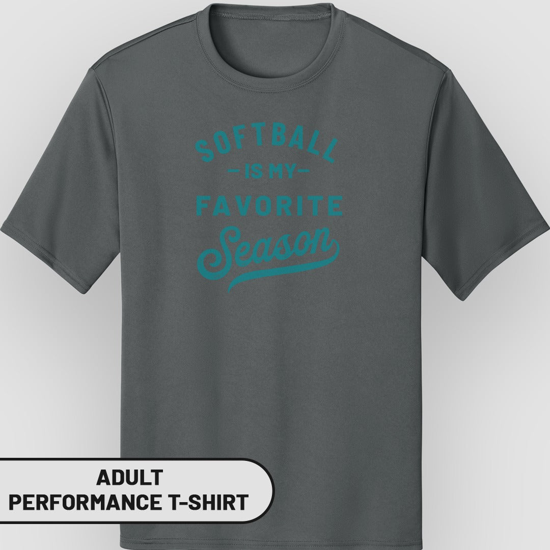 Dark grey adult performance t-shirt with "Softball is my favorite season" text.