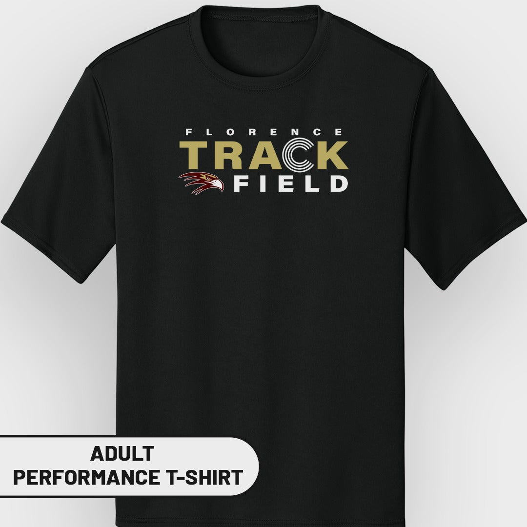 Black adult performance t-shirt with Florence Track Field text and eagle graphic.