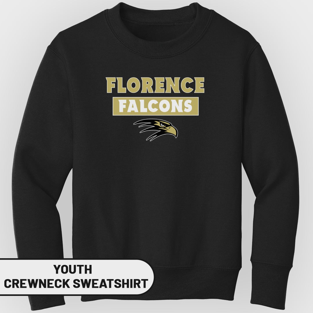 Youth black crewneck sweatshirt with "Florence Falcons" and eagle logo.
