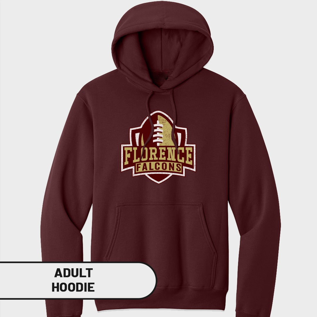 Maroon adult hoodie with Florence Falcons football logo and text.