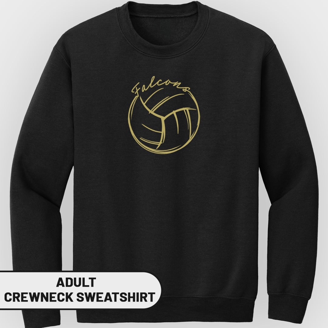 Black adult crewneck sweatshirt with gold volleyball and "Falcons" text design.